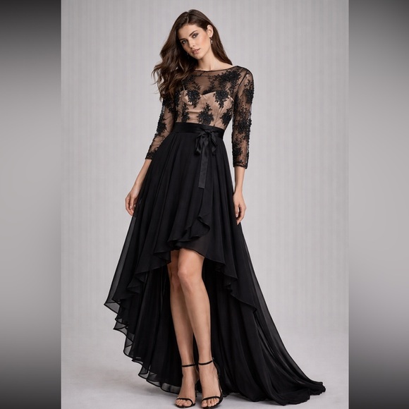 Aidan Mattox Dresses & Skirts - Black High-Low Lace Appliqué long sleeve Evening Dress